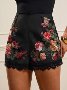 Lilora 女士优雅蕾丝拼接花卉短裤 - 黑色 - 查看 5