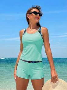 Swim Lushoire Women's Summer Beach Tropical Plant Print Patchwork Tankini Swimsuit Set - Mint Green - View 5