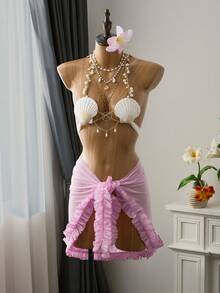 Bellisia Women's Summer Beach Vacation Mesh Frill Trim Wrap Tie Sarong Skirt - Pink - View 5