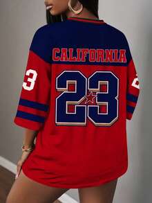 Slaydiva 大码休闲简约字母标志 V 领宽松网眼运动 T 恤，适合夏季、运动季、返校季、音乐节 - 彩色 - 查看 2