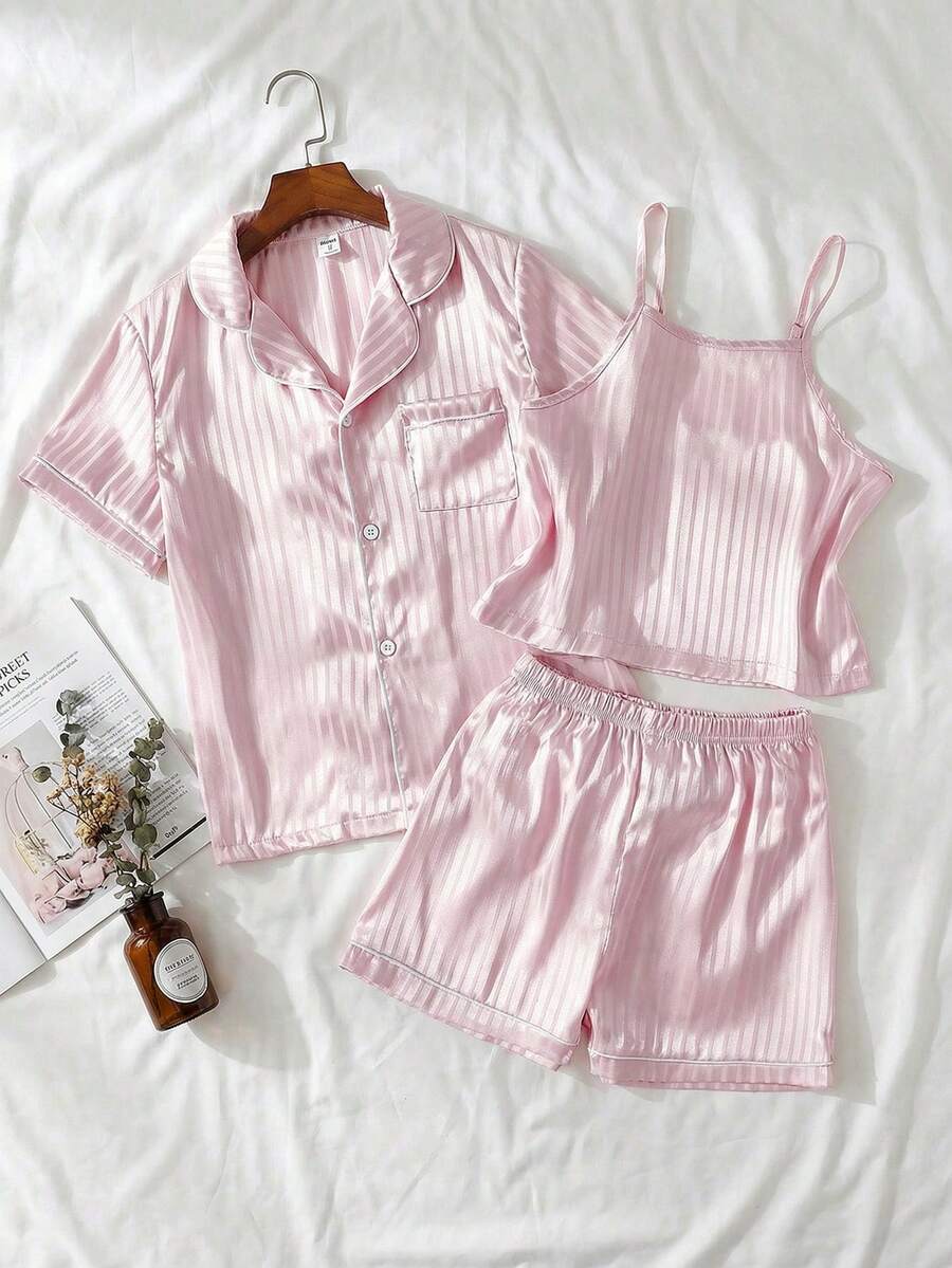 3pcs Girls Elegant Cute Pink Striped Camisole, Long Sleeve Top And Pants Comfortable Pajama Set - Baby Pink - View 1