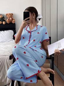 Napfluff Conjunto de pijama de mujer con cárdigan de manga corta y pantalones con estampado de corazones a rayas y efecto arrugado - Azul - Ver 5
