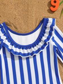 SHEIN Baby Girls' One-Piece Swimsuit With Bowknot Print,Long Sleeve Blue Rash Guard Bathing Suits,Beach Wear For Summer Holiday - Multicolor - View 6
