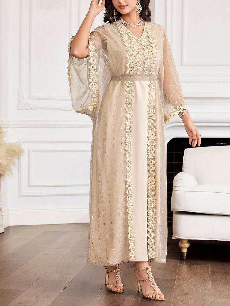 Al Najma New Glamorous Sequin Floral Patchwork Romantic Elegant Party Arabic Style Dress Formal Elegant Party Uxury Evening Dresses Wedding Party Dress - Apricot - View 5