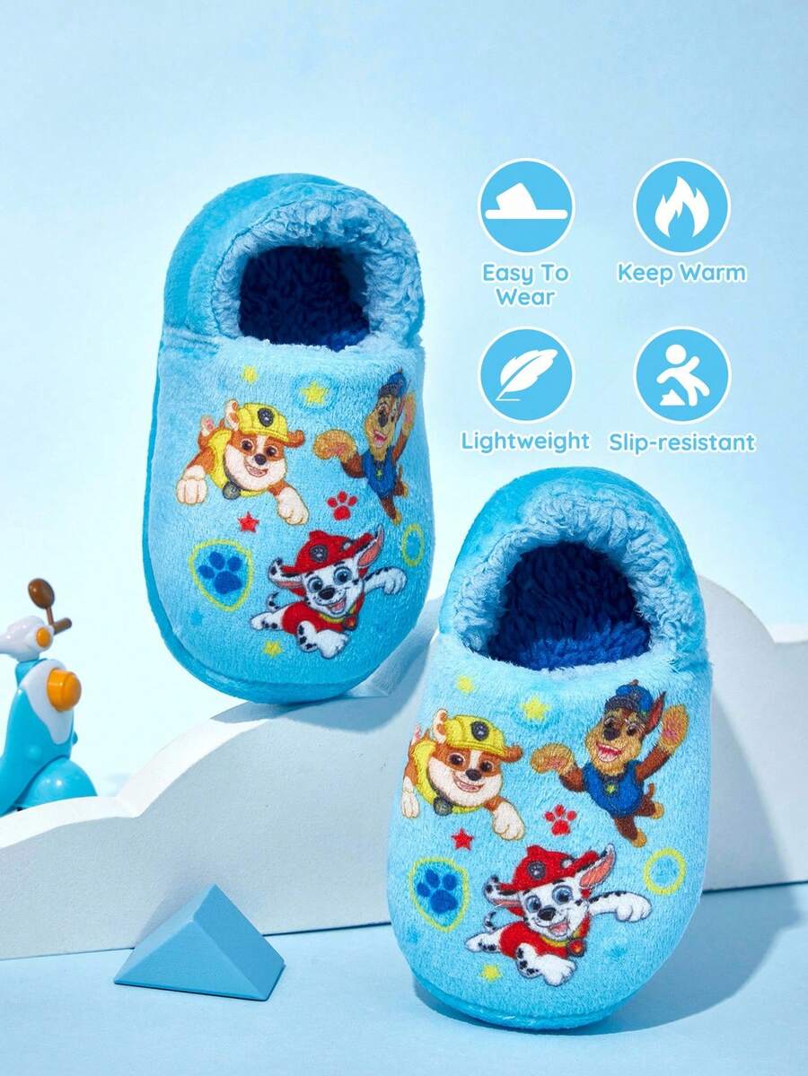 SHEIN | PAW Patrol Cute Printed Pattern Cartoon Blue Boys Children's Soft Plush Warm Elastic Heel Slippers Toddlers & Little Kids Indoor House Non-Slip Shoes, Lightweight And Durable, Anti-Slip Silicone Dots,Unisex Girls Home Bedroom Air-Conditioned Room Spring, Autumn And Winter,Dogs,Chase,Rubble, - Baby Blue - View 1