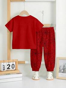 SHEIN 2件套男童休闲经典时尚蜘蛛印花运动风撞色宽松舒适圆领短袖上衣和裤子套装 - 彩色 - 查看 3