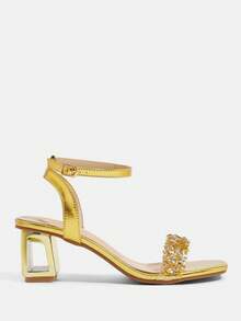 CUCCOO TILAWA Giày sandal cao gót nữ thời trang, thanh lịch, kiểu dáng bất đối xứng, mạ điện, đính đá pha lê vàng, thích hợp cho các buổi tiệc, liên hoan và các dịp khác. - Vàng - Xem 2