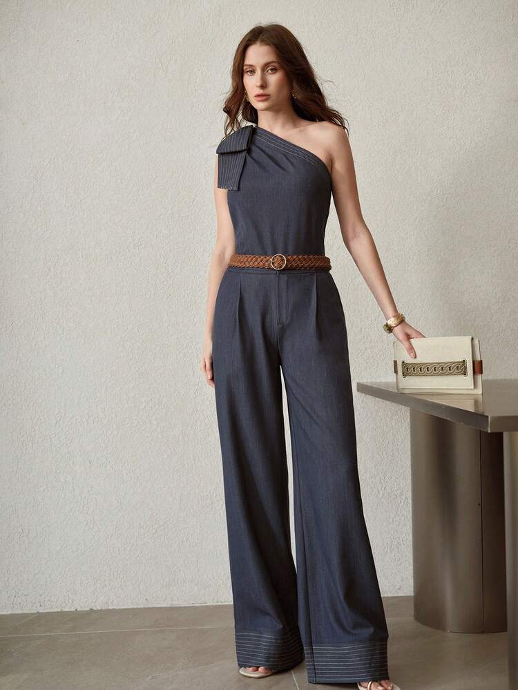 WOMEN'S SOLID FOLD PLEATED WORK WIDE LEG PANTS WITHOUT BELT