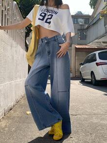 FRIFUL 女士带口袋纽扣休闲百搭日常穿着阔腿牛仔裤 - 藍色 - 查看 7