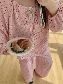 Dazy Plus 两件套可爱撞色蕾丝宽松上衣长裤睡衣套装，粉色，春夏款 - 粉色 - 查看 5