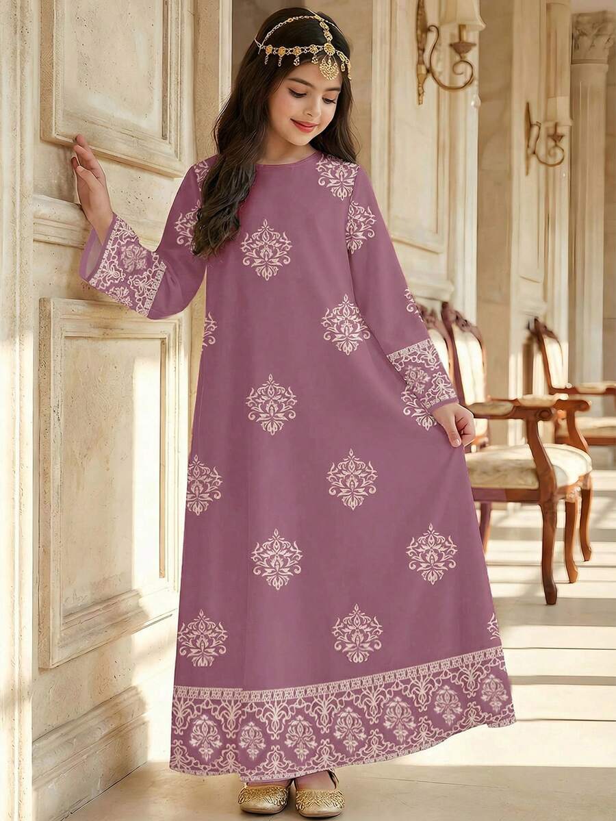 SHEIN Màu tím khoai môn dịu nhẹ, họa tiết hoa vàng truyền thống trang nhã, thanh lịch, phù hợp cho bé gái tuổi teen, kiểu dáng tối giản, thích hợp mặc hàng ngày vào mùa xuân/hè, dự lễ hội, đi chơi. Đầm dài tay kiểu Ả Rập trang nhã, thanh lịch, áo Abaya cầu nguyện, thoải mái dễ chịu, trang phục thường ngày, phong cách nghỉ dưỡng, áo Kaftan kín đáo, áo Jalabiya cho trẻ em. - Nhiều màu - Xem 1