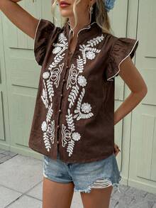 Serisse Áo sơ mi nữ tay ngắn thêu họa tiết tối giản, kiểu dáng thường ngày. - màu nâu - Xem 5