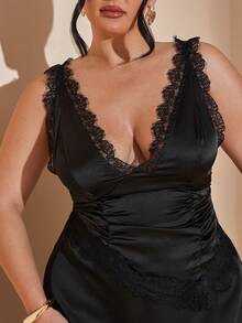 SHEIN BAE Spring And Summer Black Lace Satin Vest Elegant Date Travel Plus Size Vest Plus Size Tops - Black - View 6