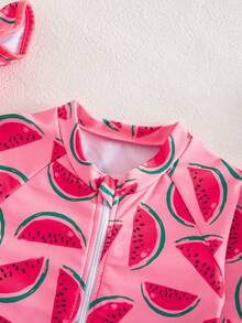 SHEIN Buy One Get One Free 2 Pieces Set: Baby Girl Cute And Versatile Casual Vacation Swimsuit With All-Over Watermelon Print, Plus A Hat. Perfect For Vacations And Spring/Summer. - Pink - View 2