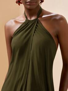 Zivah 2025休闲沙滩度假纯色露背罩衫连衣裙 - 橄欖綠 - 查看 5