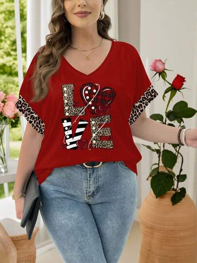 EMERY ROSE 复古豹纹印花爱心图案休闲宽松大码女式短袖T恤，适合情人节派对