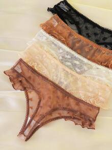 5pcs/Set Heart Shaped Jacquard Mesh Ruffle Trim Thong Panties, Sweet Combination - Multicolor - View 5
