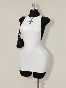 SHEIN ICON 2026 New Arrive Women's Y2k White Solid Color Backless Sleeveless Bodycon Mini Dress,Spring/Summer Open Back ,Summer - White - View 2