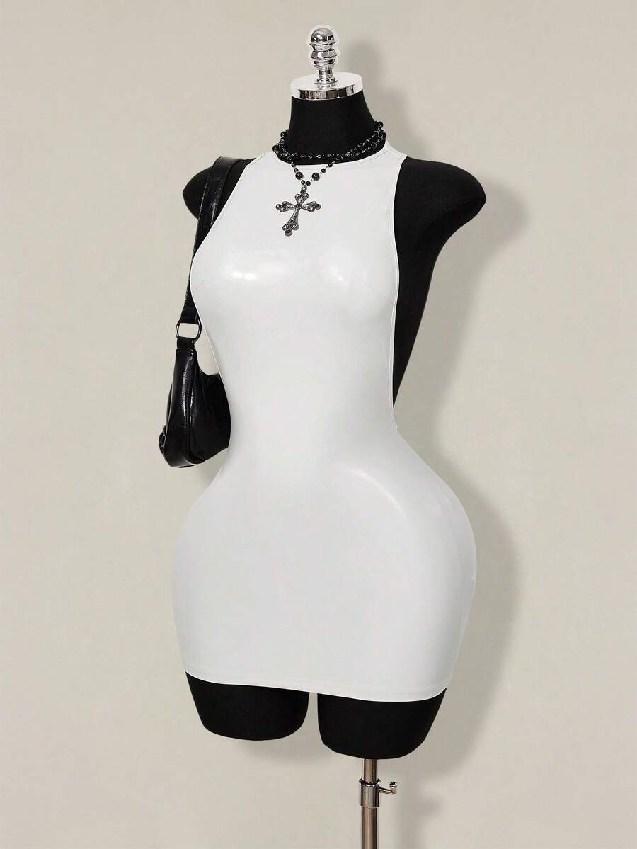 SHEIN ICON 2026 New Arrive Women's Y2k White Solid Color Backless Sleeveless Bodycon Mini Dress,Spring/Summer Open Back ,Summer