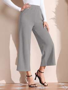 EMERY ROSE Women's Solid Color Elastic Waist Wide Leg Loose Casual Pants Grey Pants - Light Grey - View 3