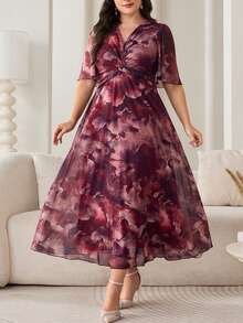 SHEIN CURVE+ 大码女式印花扭结前襟短袖优雅中长连衣裙 - 彩色 - 查看 8