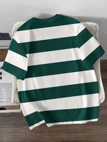 Manfinity Joysei Men's Letter & Striped Print Round Neck Casual Versatile Short Sleeve T-Shirt - Dark Green - View 3