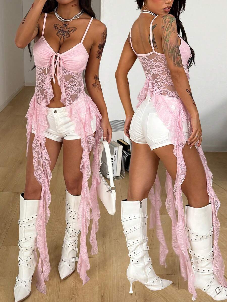 Coolane Áo tank top nữ mùa hè, phong cách lễ hội âm nhạc, vintage Y2K, họa tiết da báo, chất liệu ren, co giãn, phối màu đen. - Màu Hồng baby - Xem 1