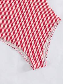 Swim SPRTY 1pc Striped Print Tie-Front Design Sporty Women One-Piece Swimsuit - Red - View 4