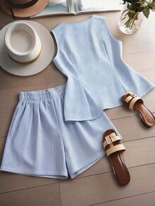 GlowEve CURVE Plus Size Loose Tie Striped Casual Vest & Shorts 2 Pieces Set - Royal Blue - View 2