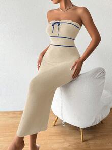SHEIN PariChic 女士秋冬无肩带针织性感连衣裙，高品质度假风长裙 - 米色 - 查看 4