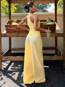 Muchica Women's Summer New Linen V-Neck Tight Camisole And Loose Wide-Leg Pants Set, Light Yellow Summer 2 Piece Set - Yellow - View 2