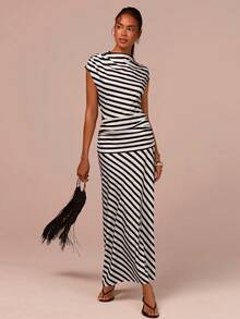 COSMINA 女士时尚条纹印花连衣裙，夏季，荷叶边设计，优雅女士长裙，时尚女装，情人节连衣裙，约会，购物，黑白条纹图案，夏季条纹连衣裙 - 黑與白 - 查看 1