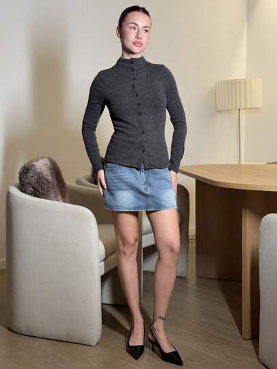 Abrilcols 女式纯色前扣长袖衬衫，休闲日常穿着