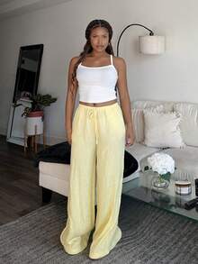 Tyla Gomez 女士亚麻低腰直筒休闲裤，适合休闲度假 - 黃色 - 查看 1