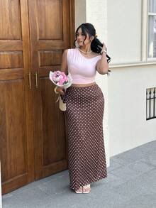 GalTyme Plus Size Elegant Polka Dot Print Fishtail Skirt, Suitable For Commuting - Brown - View 6
