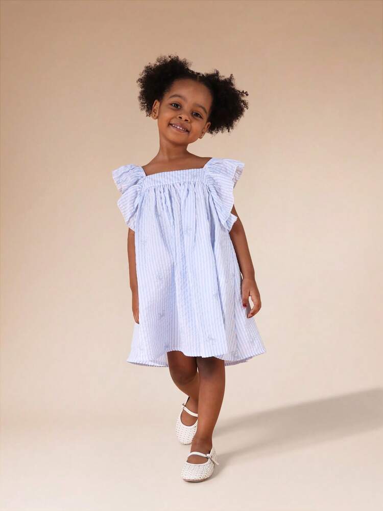 Square Neck Flutter Sleeve Striped Dress With Ruffles