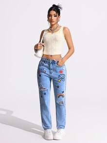 Jeanoix Quần jean denim rách, in hình hoạt hình, kiểu dáng thường ngày. - Màu xanh lam - Xem 4