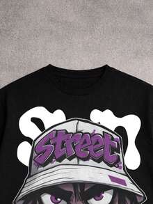 Manfinity EMRG 男士休闲卡通印花圆领短袖露脐T恤 - 黑色 - 查看 3