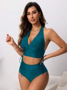 Swim Lushoire Conjunto de bikini de mujer con cuello de halter y cordón ajustable de unicolor, versátil y combinable - Agua verde azul - Ver 3