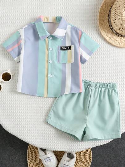 2pcs/Set Baby Boy Summer Casual Korean Style Cute Striped Patchwork Short Sleeve Shirt And Elastic Waist Shorts Set, Suitable For Summer