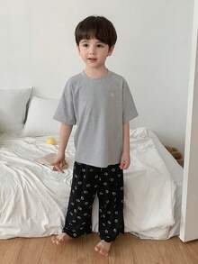 DAZY 男童宽松落肩T恤和印花长裤睡衣套装，春夏秋季款 - 黑色 - 查看 6
