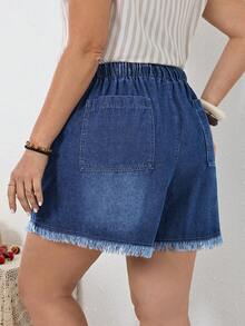SHEIN CURVE+ Plus Size Women Drawstring Waist Pockets Wide Leg Loose Frayed Hem Casual Denim Shorts - Blue - View 2