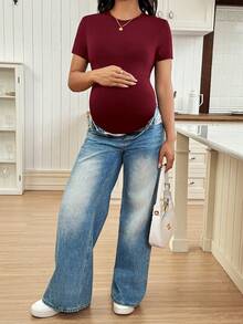 SHEIN Maternity Casual Solid Slim Fit Jumpsuit For Summer - Burgundy - View 3