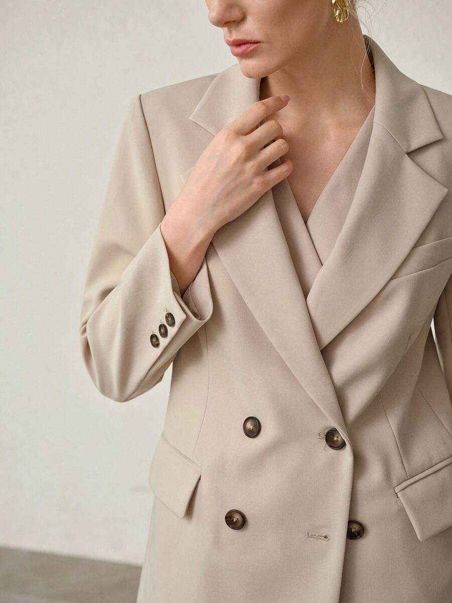 MOTF PREMIUM MINIMALIST ELEGANT DOUBLE-BREASTED LOOSE BLAZER, SPRING/SUMMER - Khaki - View 2