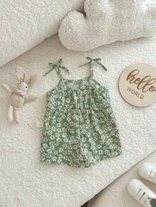 SHEIN Bộ áo liền quần họa tiết hoa nhí dễ thương, thoải mái cho bé gái sơ sinh mùa hè - Nhiều màu - Xem 4