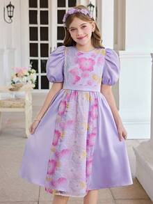 SHEIN Đầm công chúa tay ngắn dáng chữ A màu tím thanh lịch đính cườm và thêu họa tiết, cổ Peter Pan, dành cho bé gái tuổi teen. - Màu tím - Xem 11