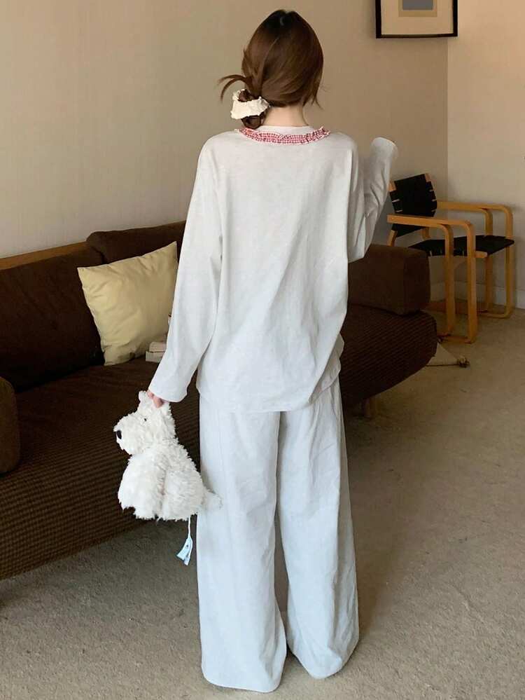 2pcs Women Cat & Plaid Print Loose Cardigan Long Sleeve & Pants Pajama Set, Autumn