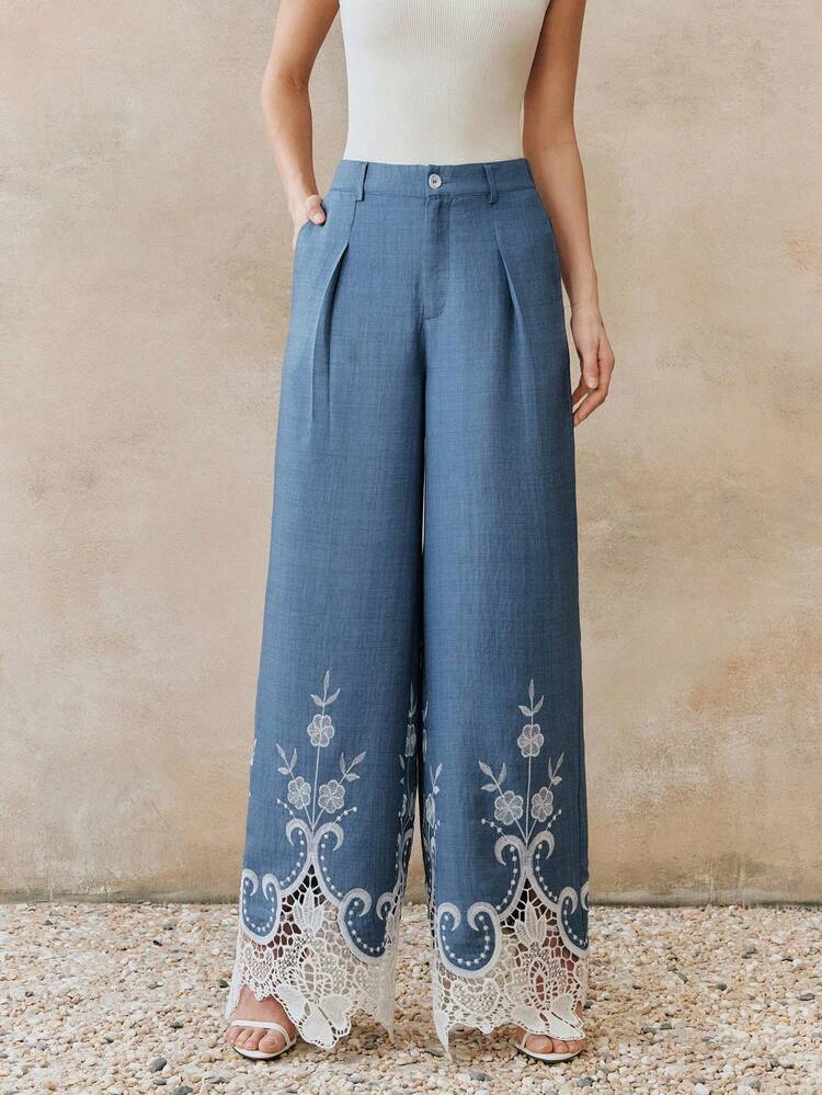 Women's Elegant Vacation, Valentine's Day, Women's Day, Mother's Day, Birthday, Evening Date Vintage Roman Embroidery Lace Patchwork Denim Effect Long Pants Tassel Pants Wide Leg Summer Pants Embroidered Pants Wide Leg Pants Boho Pants Women Wide Leg Pants Palazzo Pants Women Bohemian Pants Wide Leg Jeans Woman Embroidered Jeans Women Embroidered Pants Women Wide Leg Pants Woman