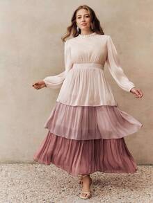 Anewsta 大码女式立领仿珍珠装饰蕾丝拼接荷叶边下摆优雅派对灯笼袖连衣裙 - 藕粉色 - 查看 3