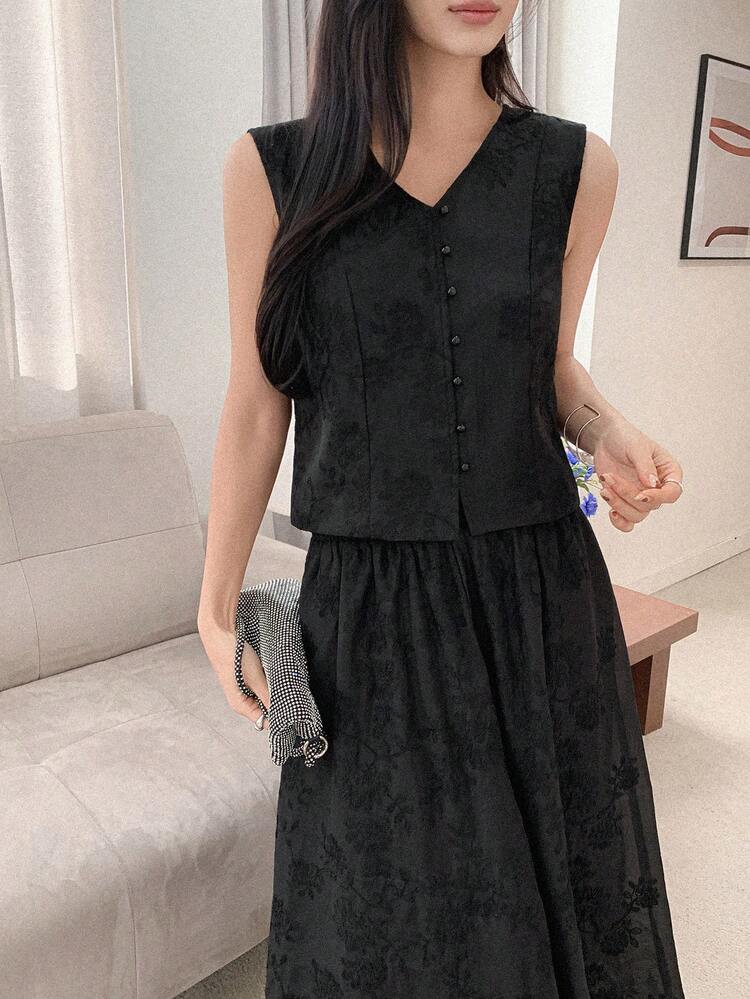 Women's V-Neck Sleeveless Floral Straight Vest And Long Skirt Elegant 2-Piece Set Summer
